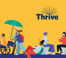 Animated graphics of people sitting, walking and relaxing with UBC Thrive logo.